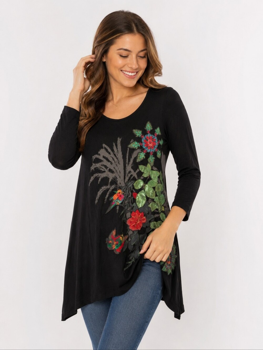 Desigual Black Floral Bird Embroidered Asymmetrical Tunic Top Size Small